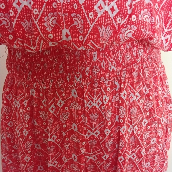 Destination 365 Women's XS Red White Print Short Sleeve Tie Neck Maxi  Dress - Picture 6 of 8